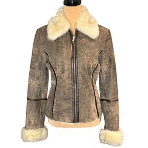 VTG Y2K Express Real Leather Jacket Sz.8 Brown Faux Fur Collar & Lining Bomber